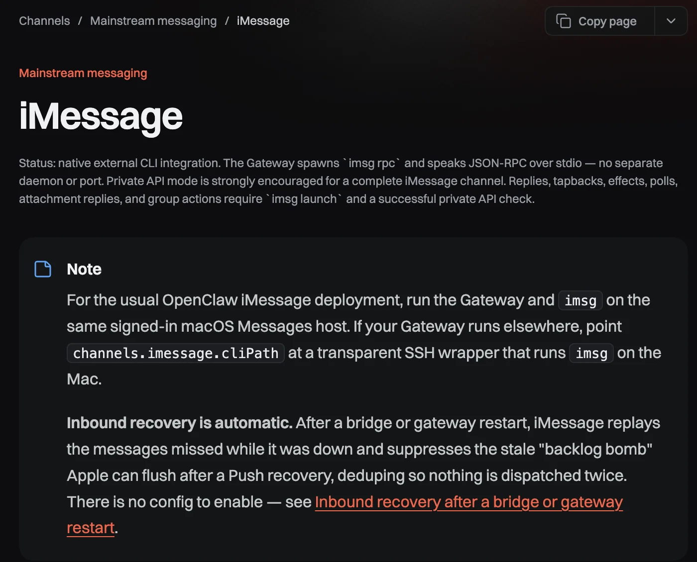 OpenClaw iMessage documentation page. The status line says the Gateway spawns imsg rpc and that private API mode is strongly encouraged, since replies, tapbacks, effects, polls, attachment replies and group actions require it. A note says to run the Gateway and imsg on the same signed-in macOS Messages host, or point channels.imessage.cliPath at an SSH wrapper that runs imsg on the Mac.