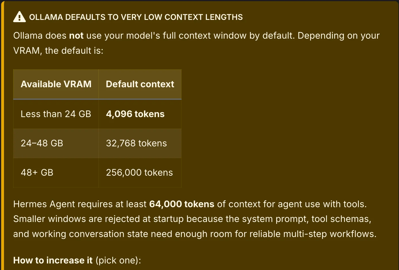 Hermes Agent documentation warning titled Ollama defaults to very low context lengths, with a table: less than 24 GB of VRAM gives a 4,096-token default context, 24 to 48 GB gives 32,768 tokens, and 48 GB or more gives 256,000 tokens. Below it: Hermes Agent requires at least 64,000 tokens of context for agent use with tools, and smaller windows are rejected at startup.