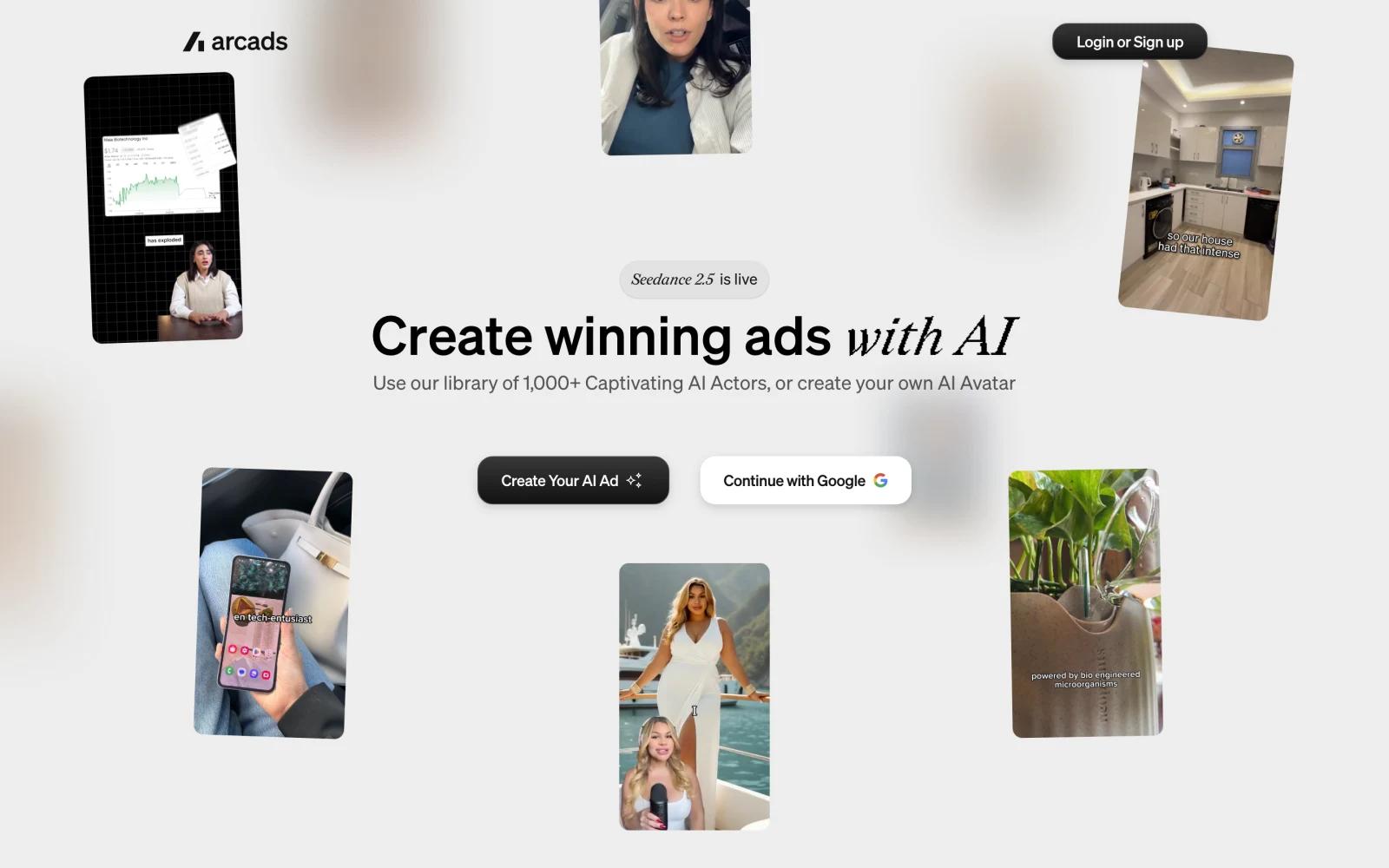 Arcads homepage showing vertical UGC-style ad examples around the headline Create winning ads with AI