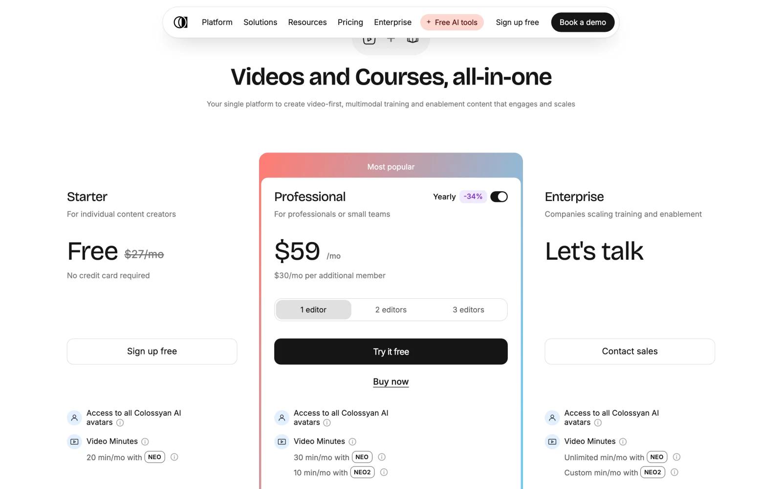Colossyan pricing page showing the free Starter plan, Professional at $59 a month, and Enterprise