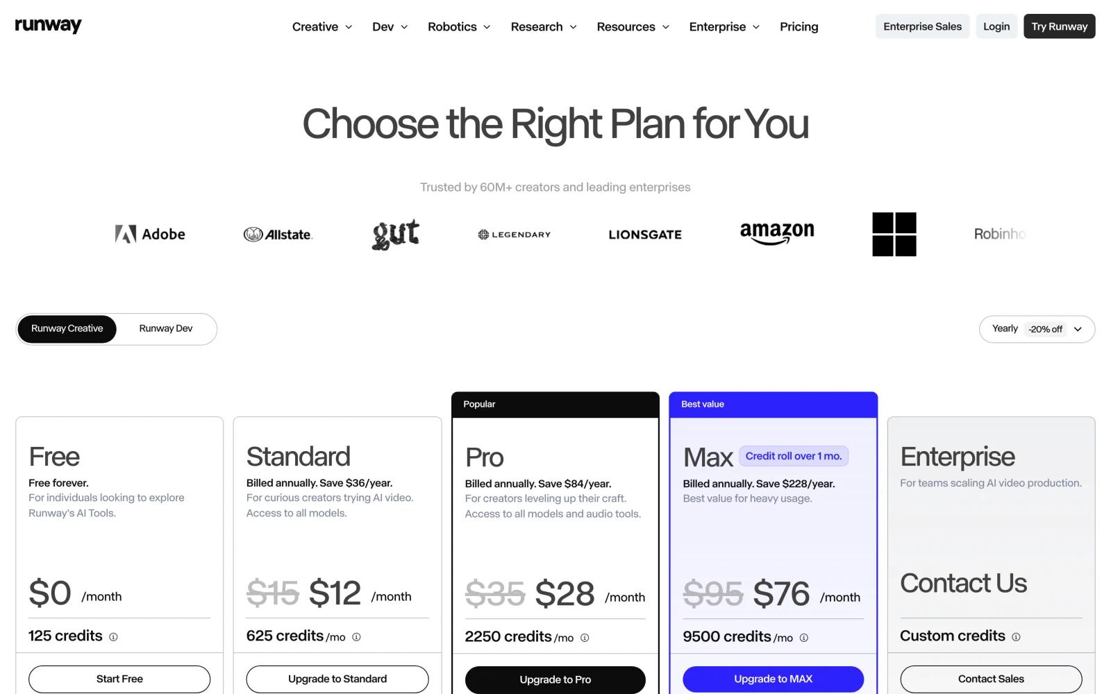 Runway pricing page showing Free, Standard, Pro, Max, and Enterprise plans with monthly credit allowances