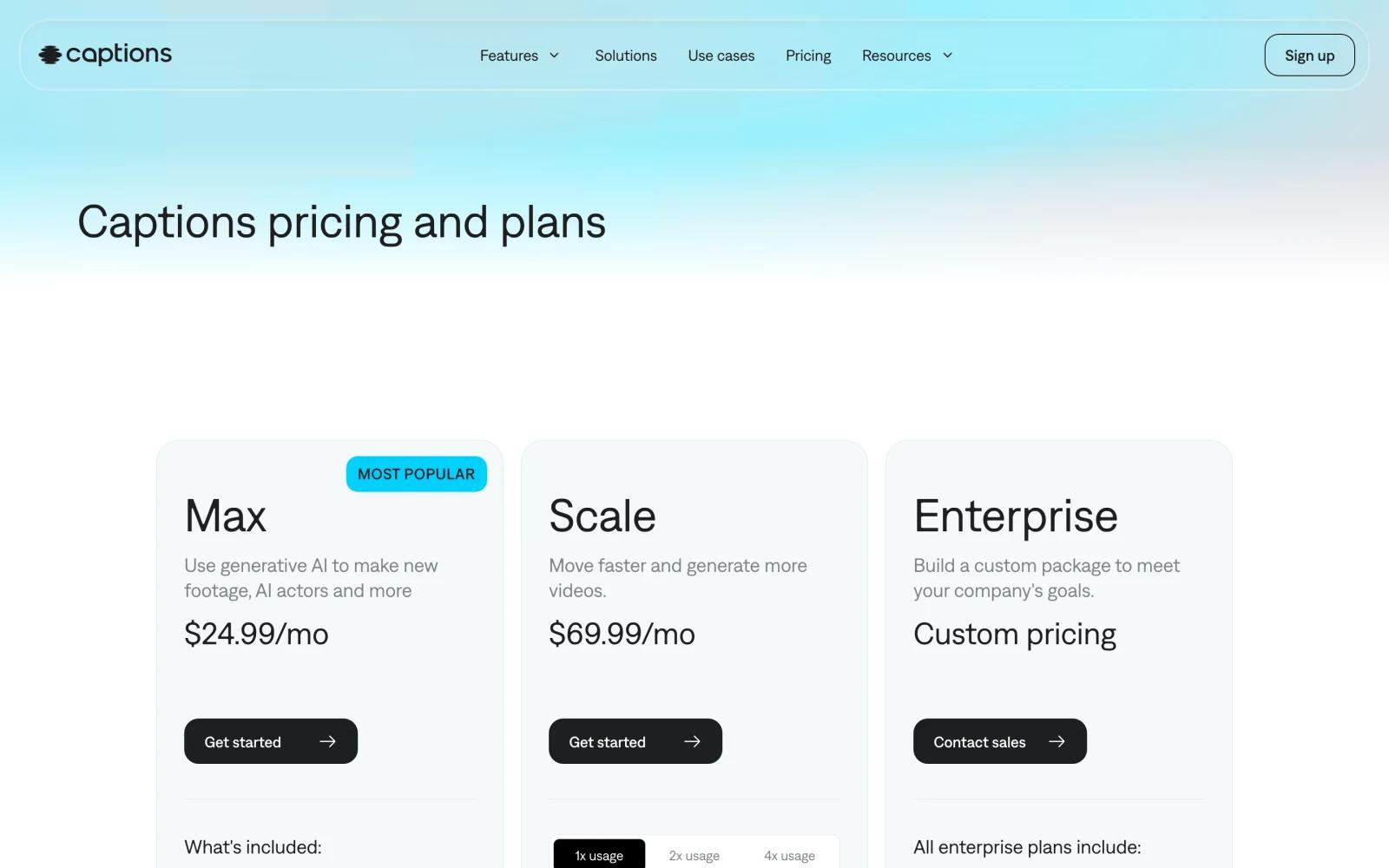 Captions pricing page showing Max at $24.99 a month, Scale at $69.99, and Enterprise