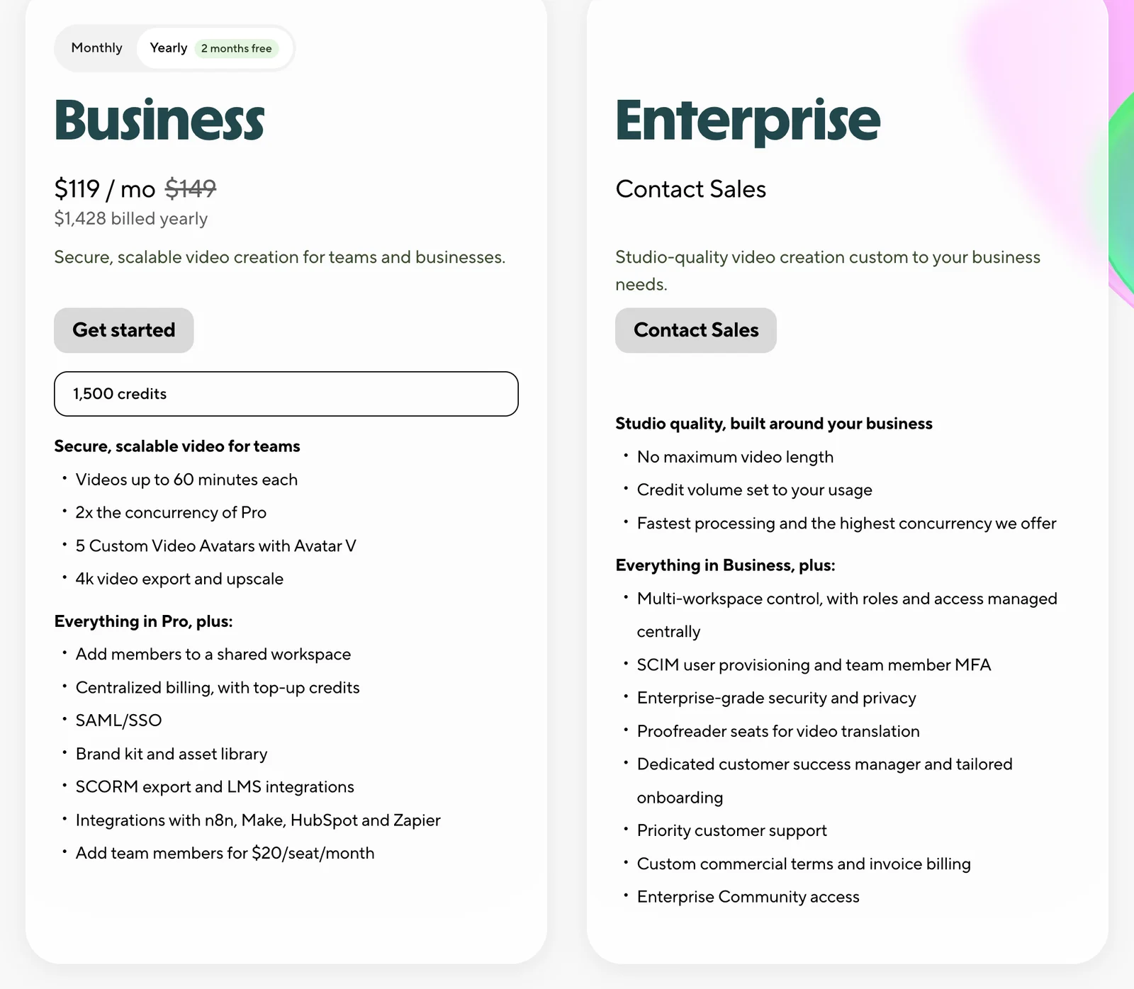 HeyGen's pricing page for businesses with yearly billing selected: the Business card at $119 a month, struck-through $149, $1,428 billed yearly, 1,500 credits, videos up to 60 minutes, 2x the concurrency of Pro, 5 custom video avatars with Avatar V, SAML/SSO, SCORM export and team members at $20 a seat a month, beside the Enterprise card with Contact Sales.