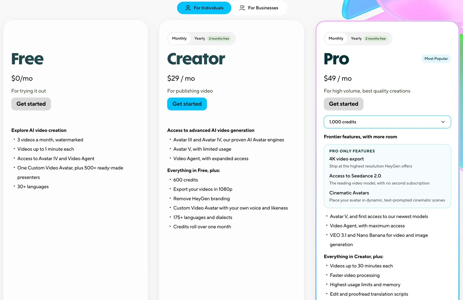 HeyGen's pricing page for individuals with monthly billing selected: Free at $0 with 3 watermarked videos a month up to 1 minute each, Creator at $29 a month with 600 credits, 1080p export and credits that roll over one month, and Pro at $49 a month with a 1,000-credit selector, 4K export, Seedance 2.0 and Cinematic Avatars.
