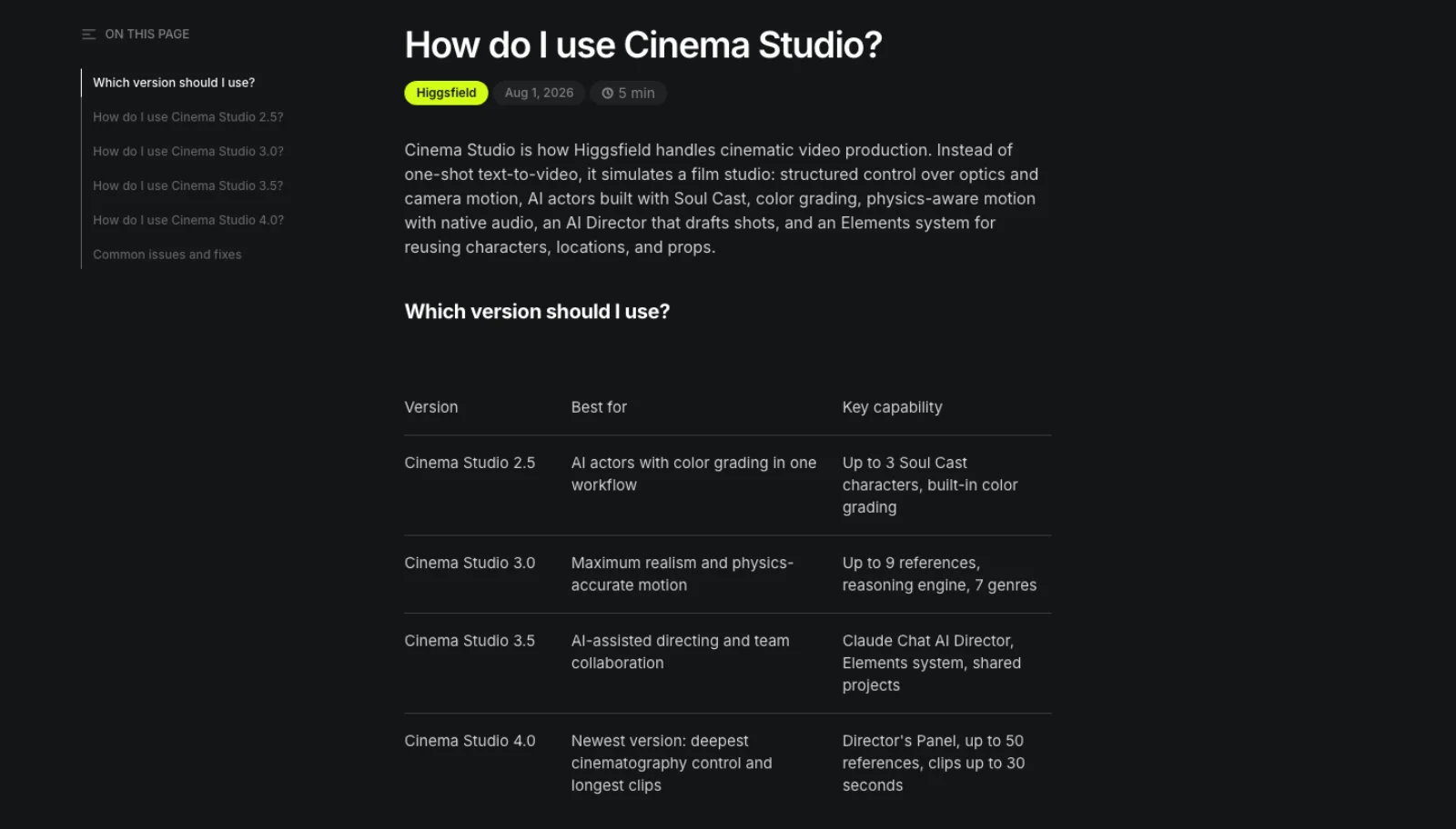 Higgsfield's help center page for Cinema Studio, with a table of versions 2.5 to 4.0, what each is best for, and its key capability.