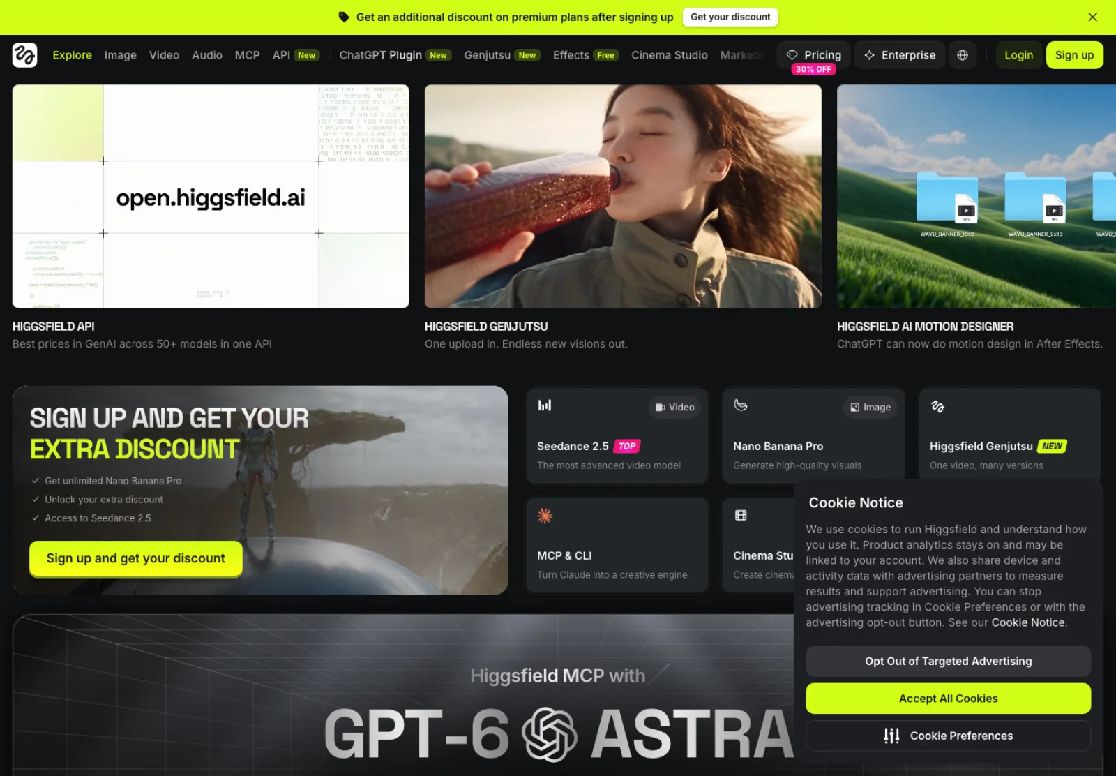 The Higgsfield homepage on 17 September 2026: navigation for Image, Video, Audio, MCP, API, ChatGPT Plugin, Genjutsu, Effects, Cinema Studio and Marketing Studio, feature cards for the API, Genjutsu and AI Motion Designer, and a sign-up offer promising unlimited Nano Banana Pro and Seedance 2.5 access.