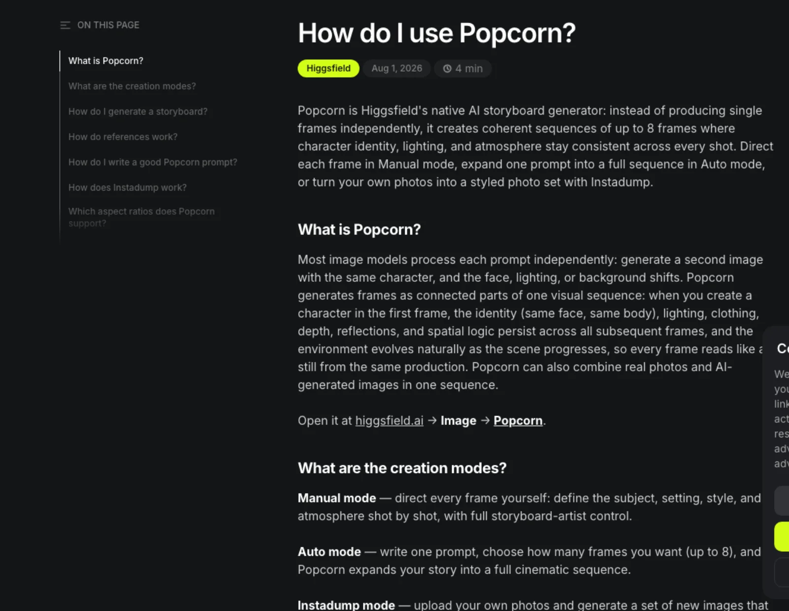 Higgsfield's help center page for Popcorn, describing coherent sequences of up to 8 frames and the Manual, Auto and Instadump creation modes.