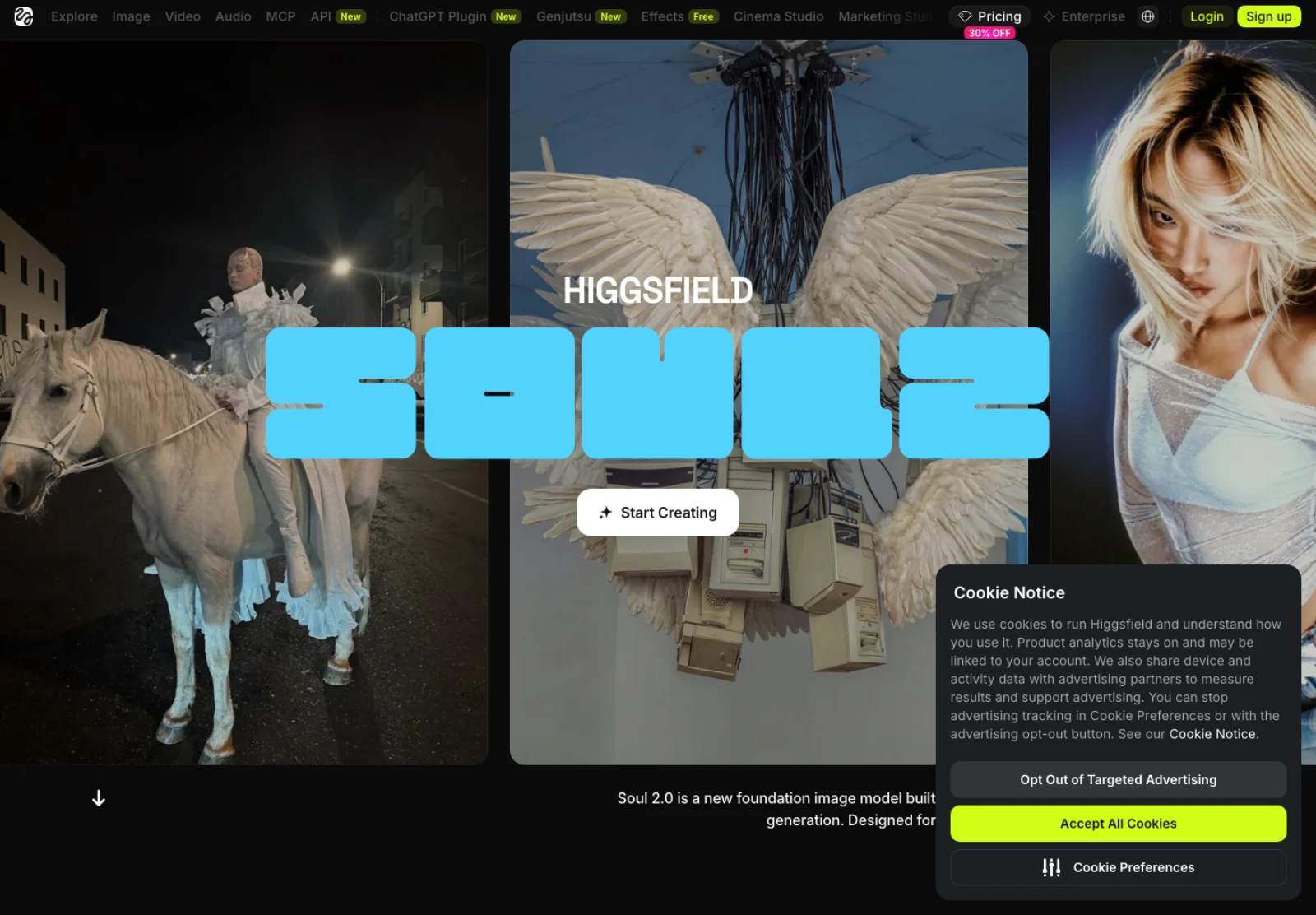 The Soul 2.0 landing page on Higgsfield, with three editorial-style sample images, a large Soul 2 wordmark and a Start Creating button.