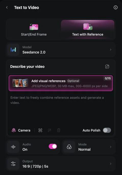 OpenArt video panel with Seedance selected, visual references, and the Auto Polish switch turned off