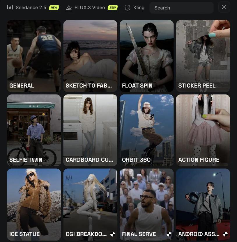 Higgsfield video preset gallery showing Orbit 360, CGI Breakdown, and other effects