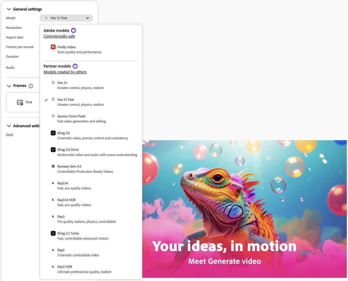 Adobe Firefly video workspace with separate Adobe and partner model sections in the model picker