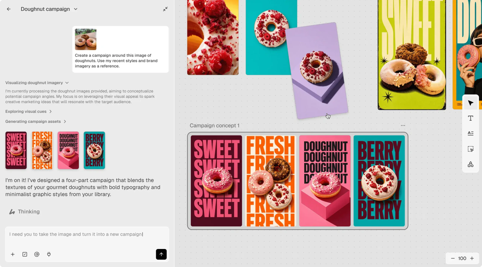 Hedra Studio official example showing an agent conversation beside a campaign canvas