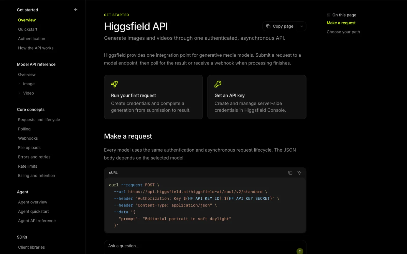 The Higgsfield API documentation overview: Generate images and videos through one authenticated, asynchronous API, with a curl example posting to api.higgsfield.ai/higgsfield-ai/soul/v2/standard using an Authorization Key header, and a sidebar covering polling, webhooks, rate limits and billing.