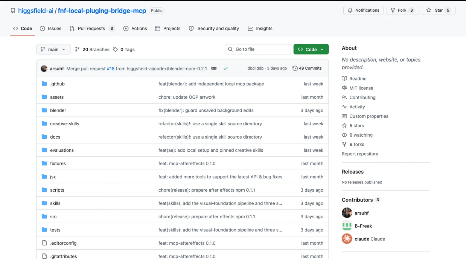 The higgsfield-ai/fnf-local-pluging-bridge-mcp repository on GitHub, MIT licensed, 5 stars, 8 forks, with blender, creative-skills, docs, skills and src folders and a commit from three days ago.