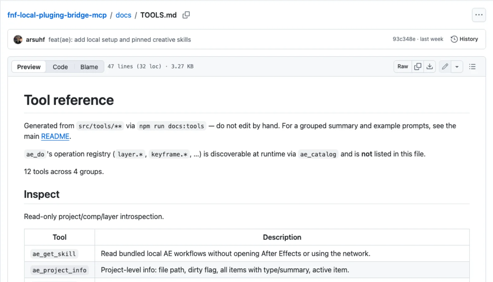 The TOOLS.md page of the local bridge repository: 12 tools across 4 groups, with the Inspect table listing ae_get_skill, ae_project_info, ae_comp_info, ae_layer_info, ae_version_info and ae_context.