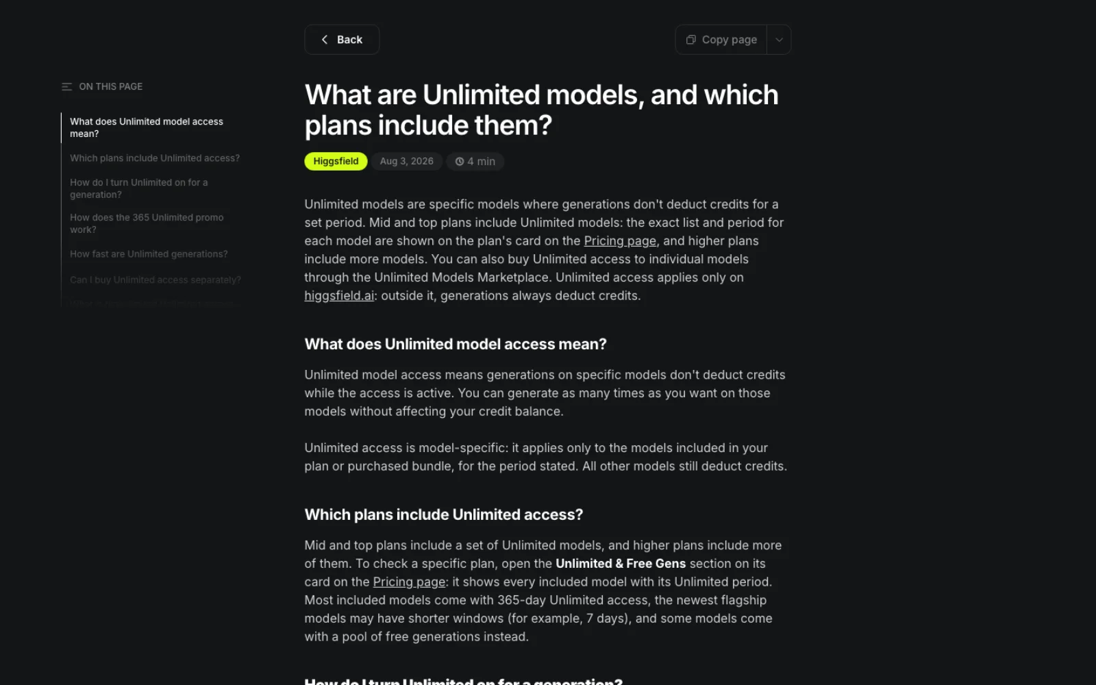 Higgsfield help centre article titled What are Unlimited models, and which plans include them, dated 3 August 2026, explaining that unlimited models do not deduct credits for a set period and that unlimited access applies only on higgsfield.ai.