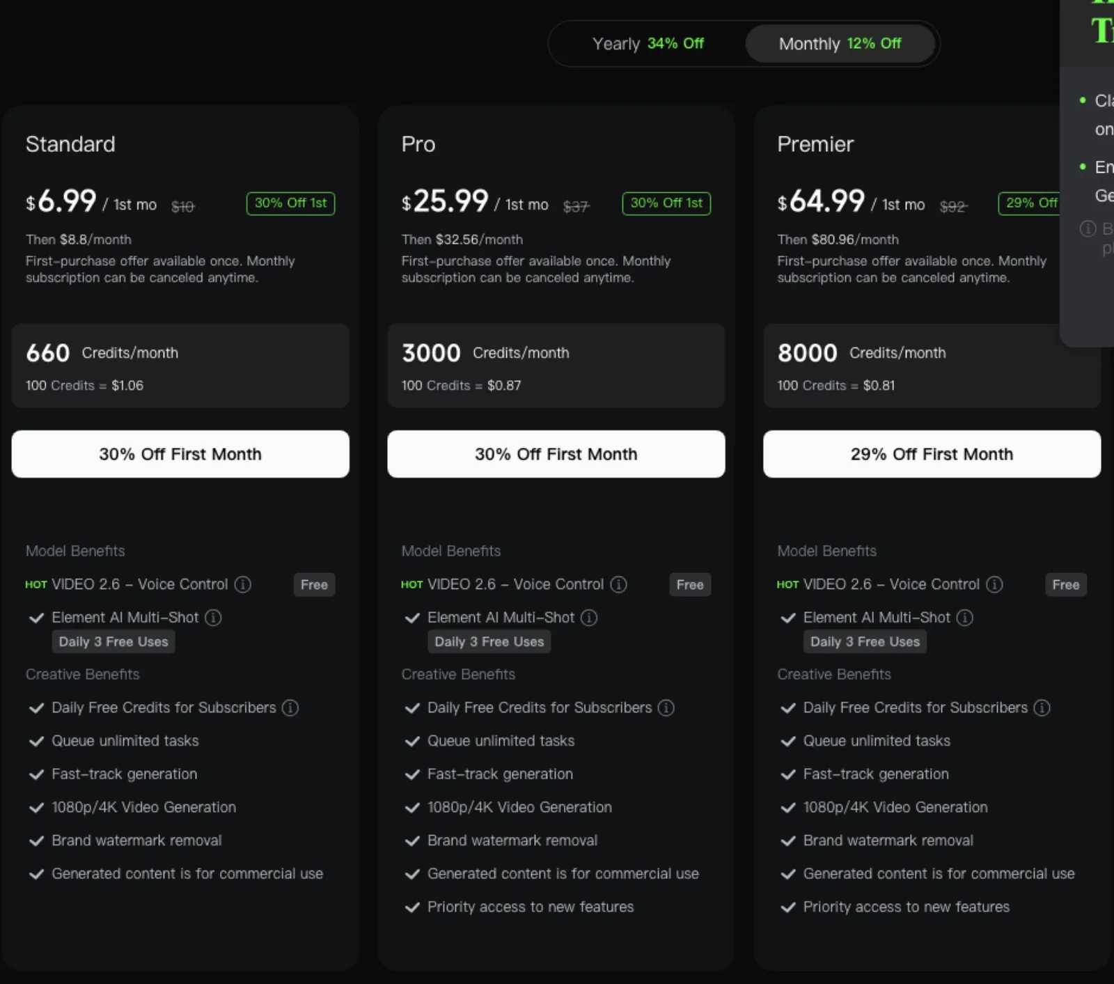 Kling's membership page showing Standard at $6.99 for the first month then $8.80, 660 credits; Pro at $25.99 then $32.56, 3,000 credits; Premier at $64.99 then $80.96, 8,000 credits; each with voice control, three daily element uses, fast-track generation, 1080p and 4K, watermark removal and commercial use.