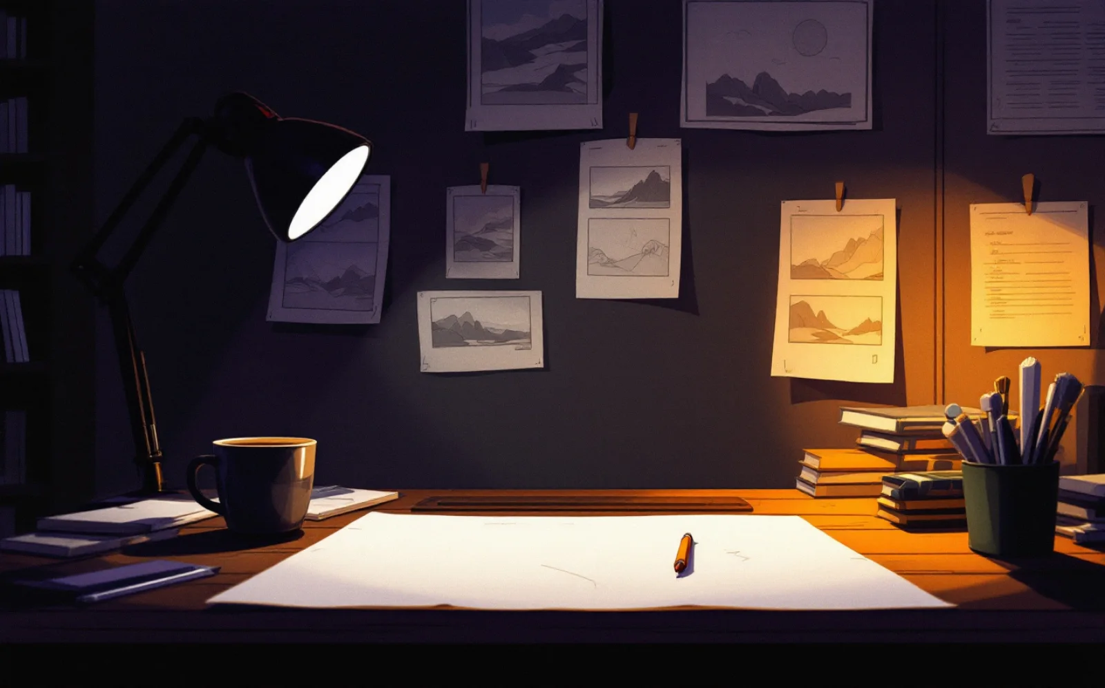 A blank sheet of paper and a pencil on a desk under a lamp, with storyboard sketches pinned to the wall behind.