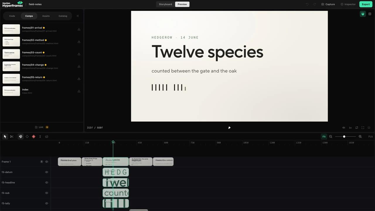 HyperFrames Studio with composition files, a live frame, and a multitrack timeline