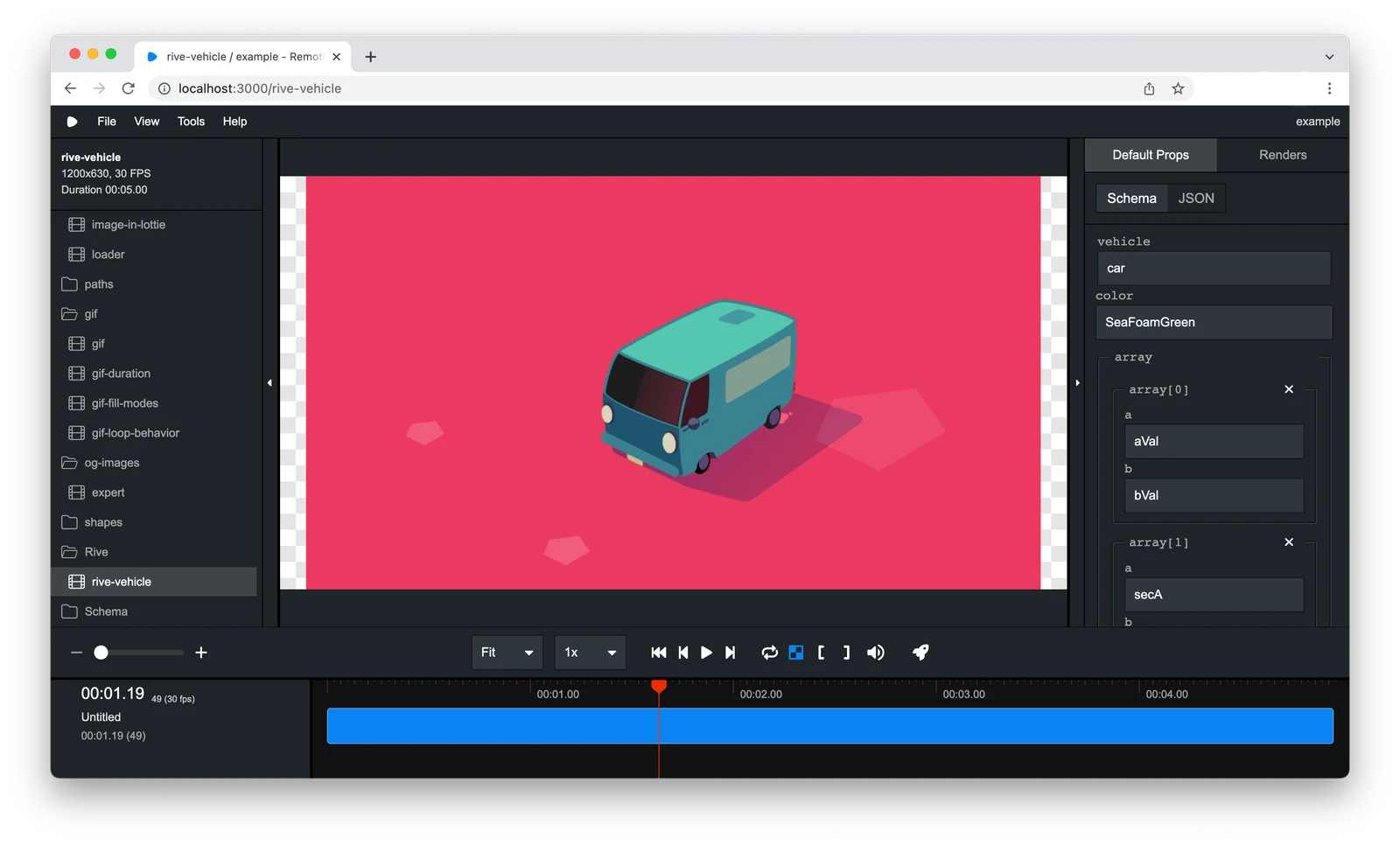 Remotion Studio with composition list, video preview, typed default props, render controls, and timeline