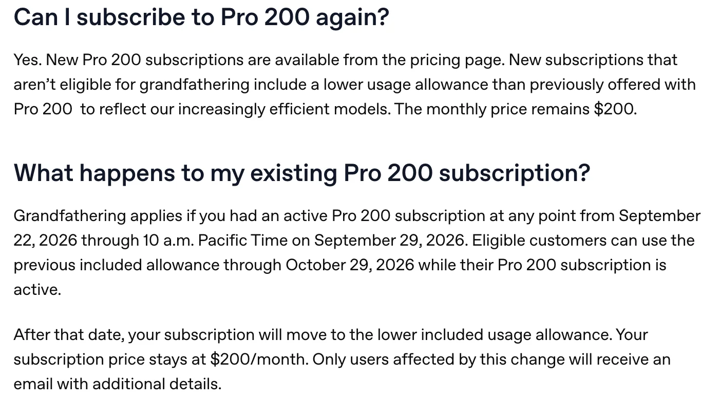 OpenAI Help Center text: new Pro 200 subscriptions not eligible for grandfathering include a lower usage allowance; grandfathering applies to anyone with an active Pro 200 subscription from September 22, 2026 through 10 a.m. Pacific Time on September 29, 2026, who can use the previous allowance through October 29, 2026, after which the subscription moves to the lower allowance at $200 a month.