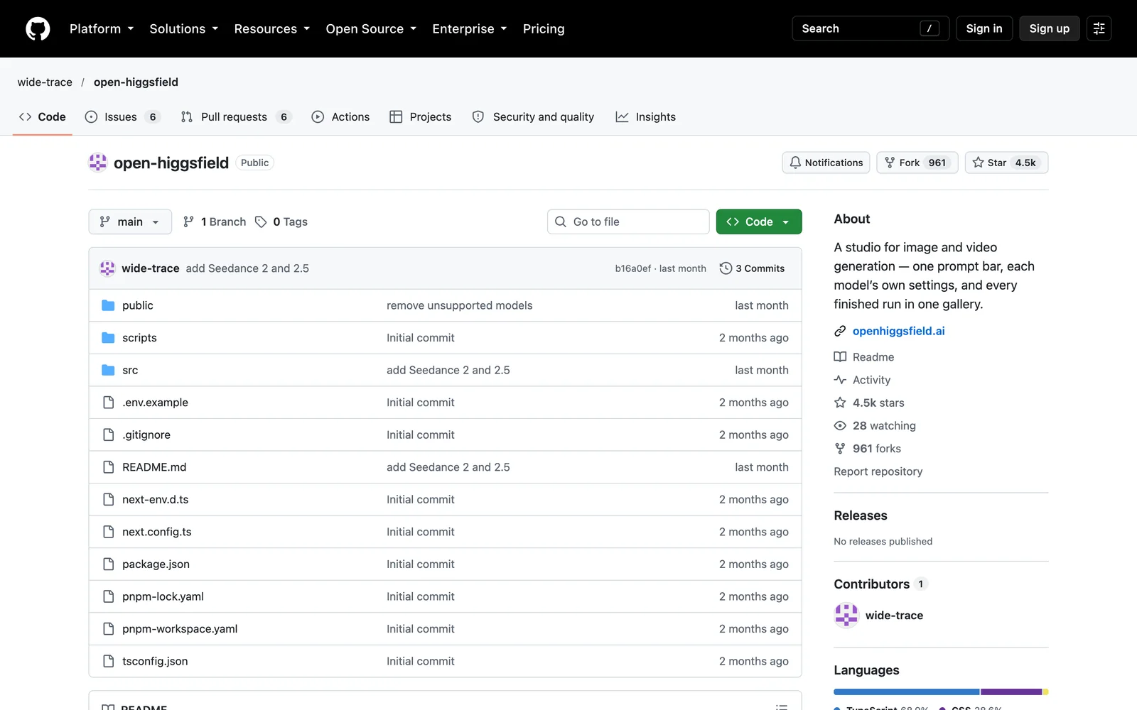 The wide-trace/open-higgsfield repository on GitHub, signed out on 20 October 2026: 3 commits by wide-trace, folders public, scripts and src, files including .env.example and package.json, and an About sidebar listing openhiggsfield.ai, 4.5k stars and 961 forks with no licence shown.