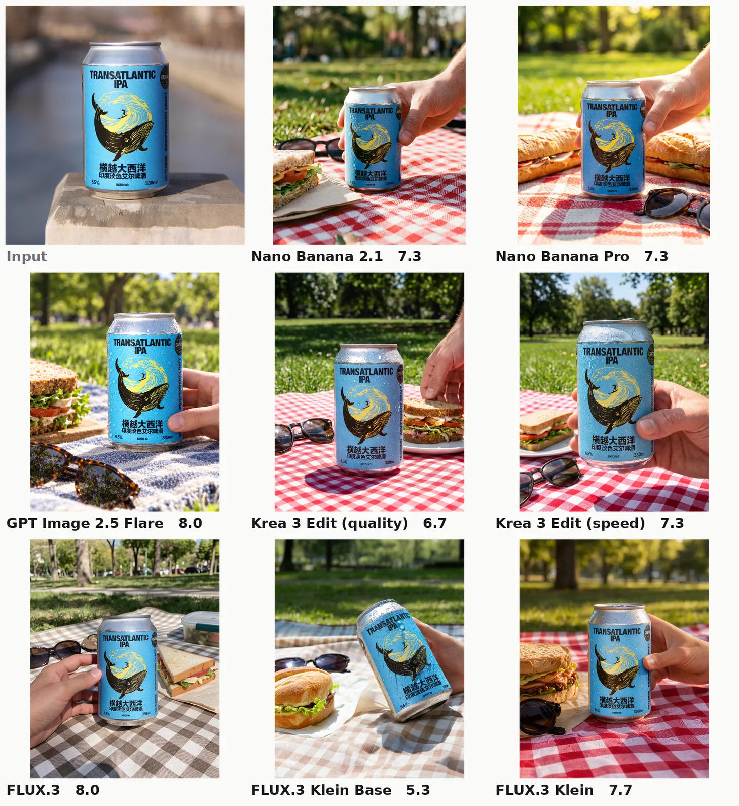 A blue beer can with a whale illustration, followed by eight picnic scenes with the can on a blanket next to a sandwich and sunglasses, held by a hand.