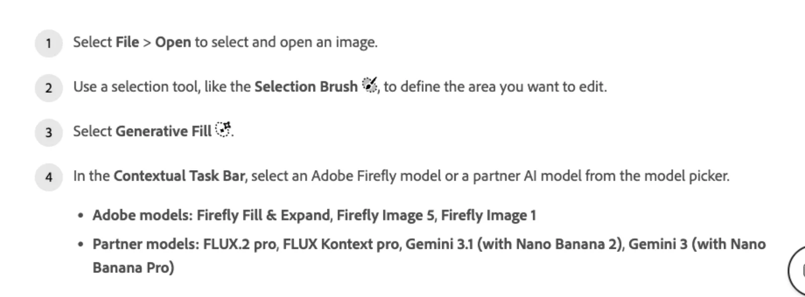 Adobe's Generative Fill help page steps, listing Adobe models Firefly Fill and Expand, Firefly Image 5 and Firefly Image 1, and partner models FLUX.2 pro, FLUX Kontext pro, Gemini 3.1 with Nano Banana 2 and Gemini 3 with Nano Banana Pro.