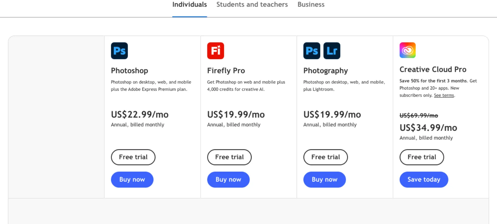 Adobe's Photoshop plan cards for individuals: Photoshop at US$22.99 a month, Firefly Pro at US$19.99 a month for web and mobile plus 4,000 AI credits, Photography at US$19.99 a month with Lightroom, and Creative Cloud Pro at US$34.99 a month for the first three months, regularly US$69.99, each annual billed monthly with a free trial.