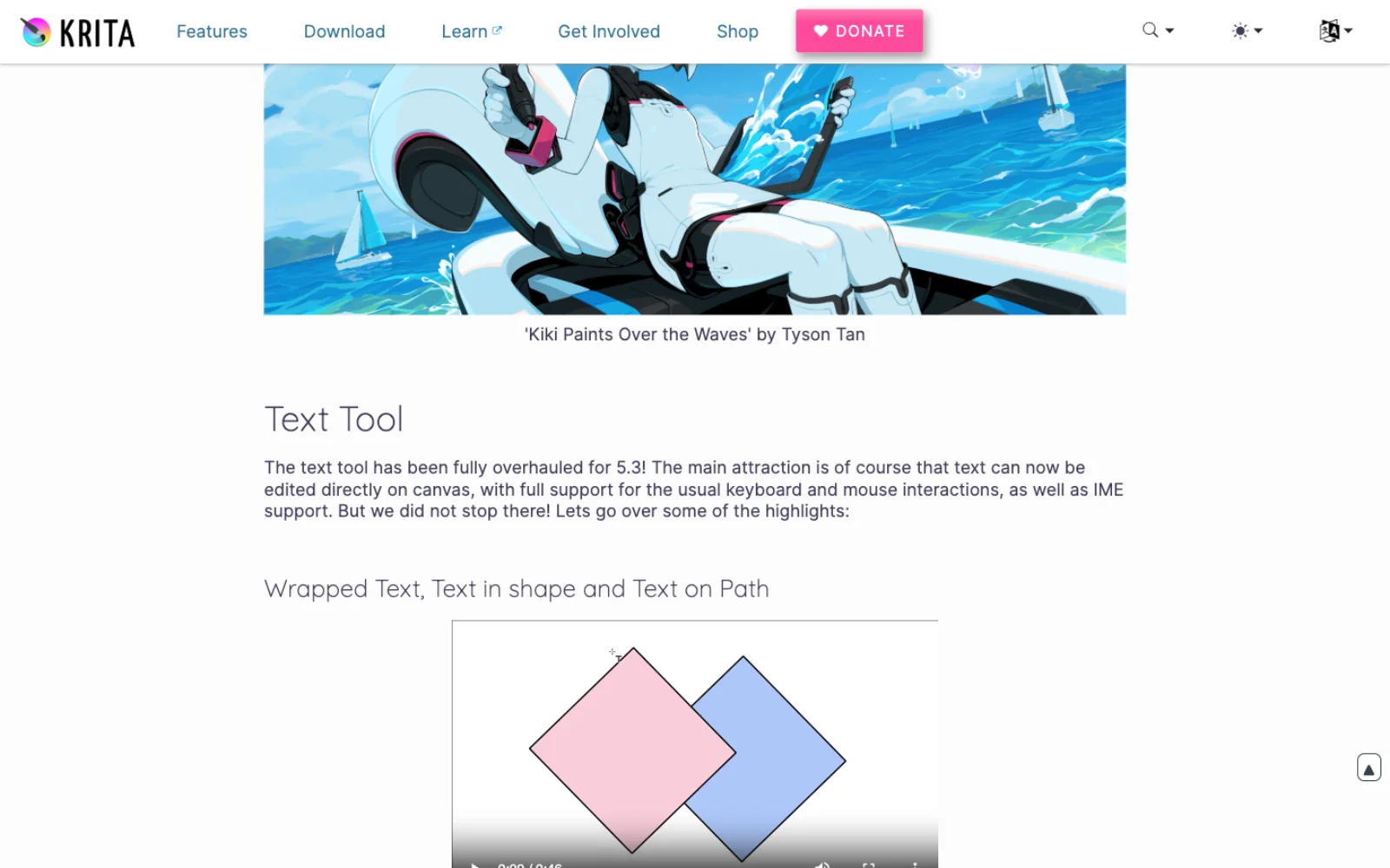 The Krita 5.3 release notes section headed Text Tool, stating that the text tool has been fully overhauled for 5.3 with on-canvas editing and IME support, followed by a subsection on wrapped text, text in shape and text on path.