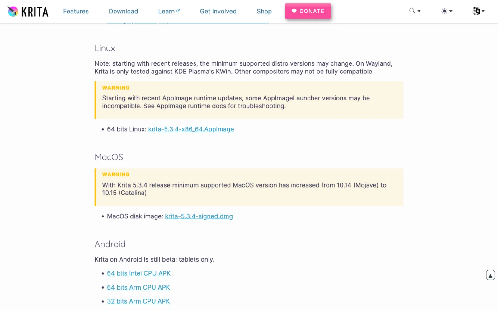 The download section of the Krita 5.3.4 release post showing Linux with an AppImage and a note that on Wayland Krita is only tested against KDE Plasma's KWin, macOS with a warning that the minimum version rose from 10.14 to 10.15, and Android with the line Krita on Android is still beta, tablets only, above three APK links.