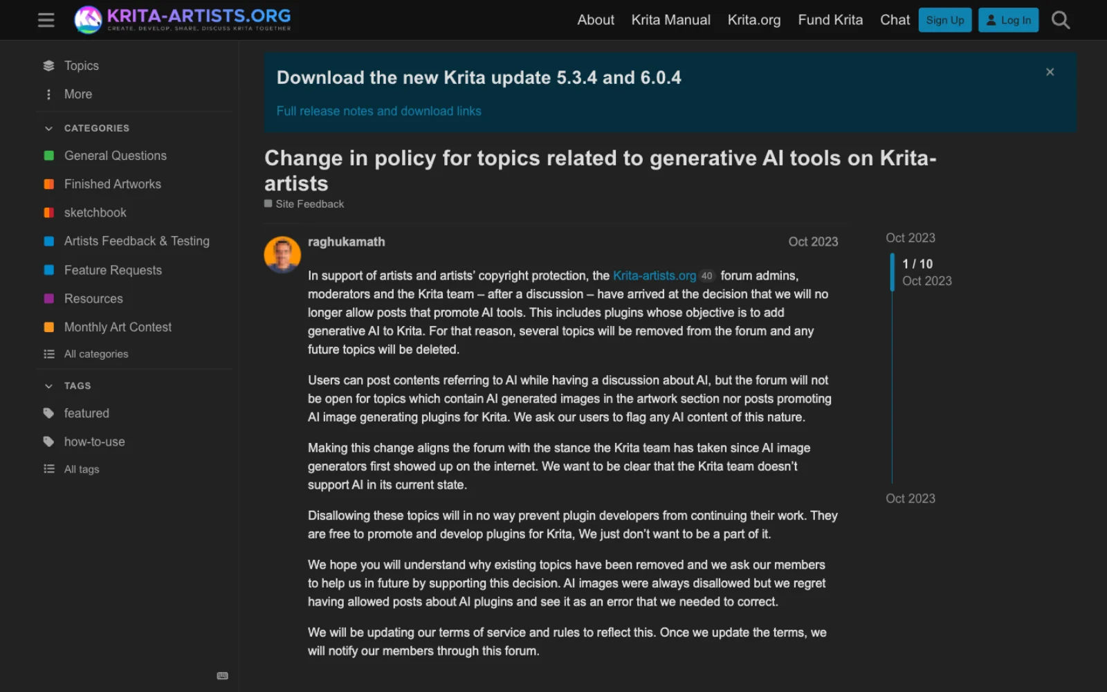 A krita-artists.org forum post from October 2023 titled Change in policy for topics related to generative AI tools on Krita-artists, stating the forum will no longer allow posts that promote AI tools including plugins that add generative AI to Krita, and that the Krita team does not support AI in its current state.
