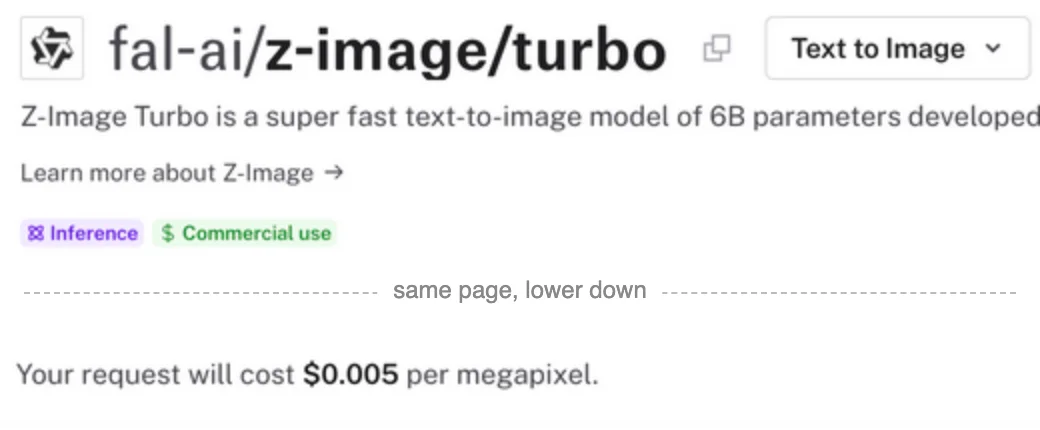 Two crops of fal's model page for fal-ai/z-image/turbo: the model name with Inference and Commercial use badges, and, from lower on the same page, the line: Your request will cost $0.005 per megapixel.