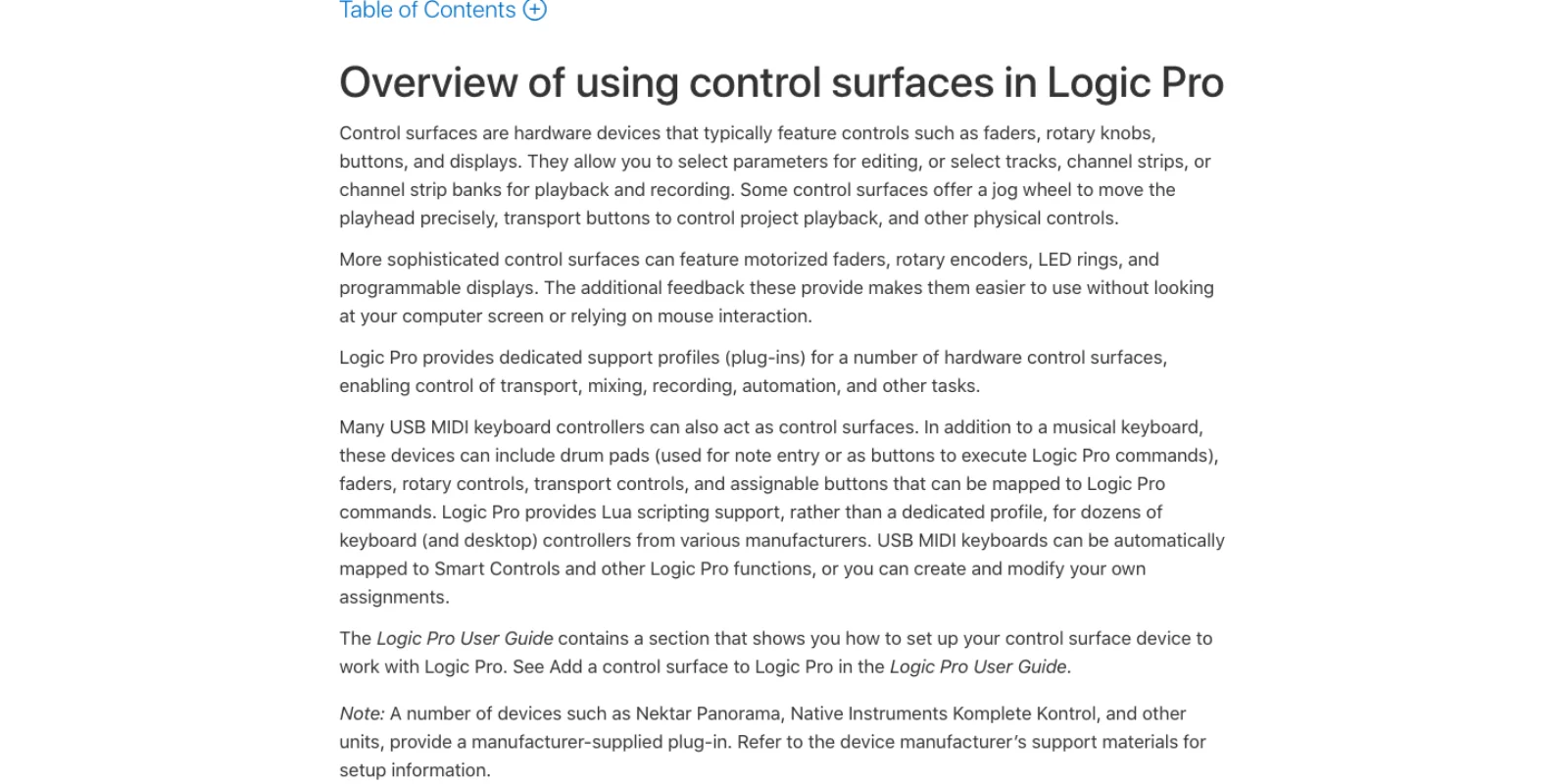 Apple's Control Surfaces Support Guide for Logic Pro, overview page, describing dedicated support profiles for hardware control surfaces, USB MIDI keyboards acting as control surfaces, and Lua scripting support for dozens of controllers.