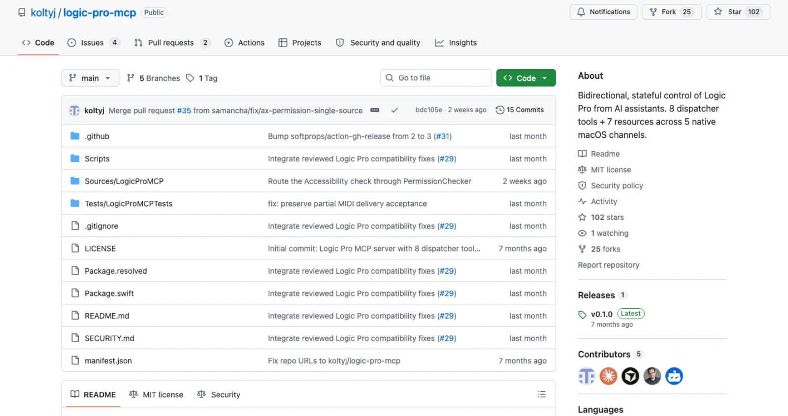 The GitHub repository page for koltyj/logic-pro-mcp showing 102 stars, 25 forks, 15 commits, five contributors, an MIT licence and one release, v0.1.0 from seven months ago.