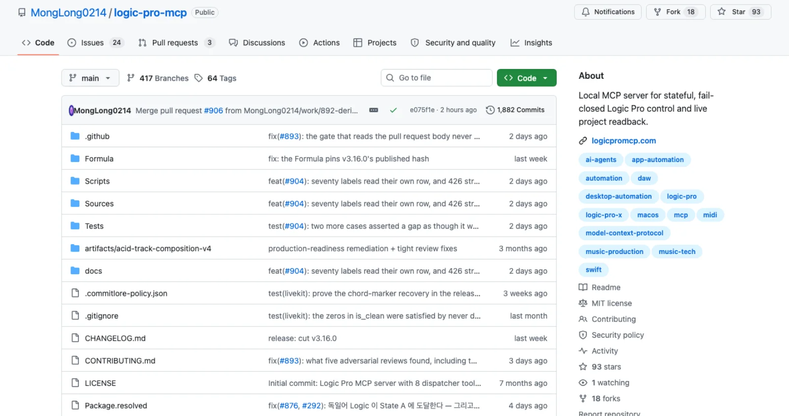 The GitHub repository page for MongLong0214/logic-pro-mcp showing 93 stars, 18 forks, 1,882 commits, 417 branches, 64 tags, an MIT licence, a security policy and 59 releases with v3.16.0 marked latest.