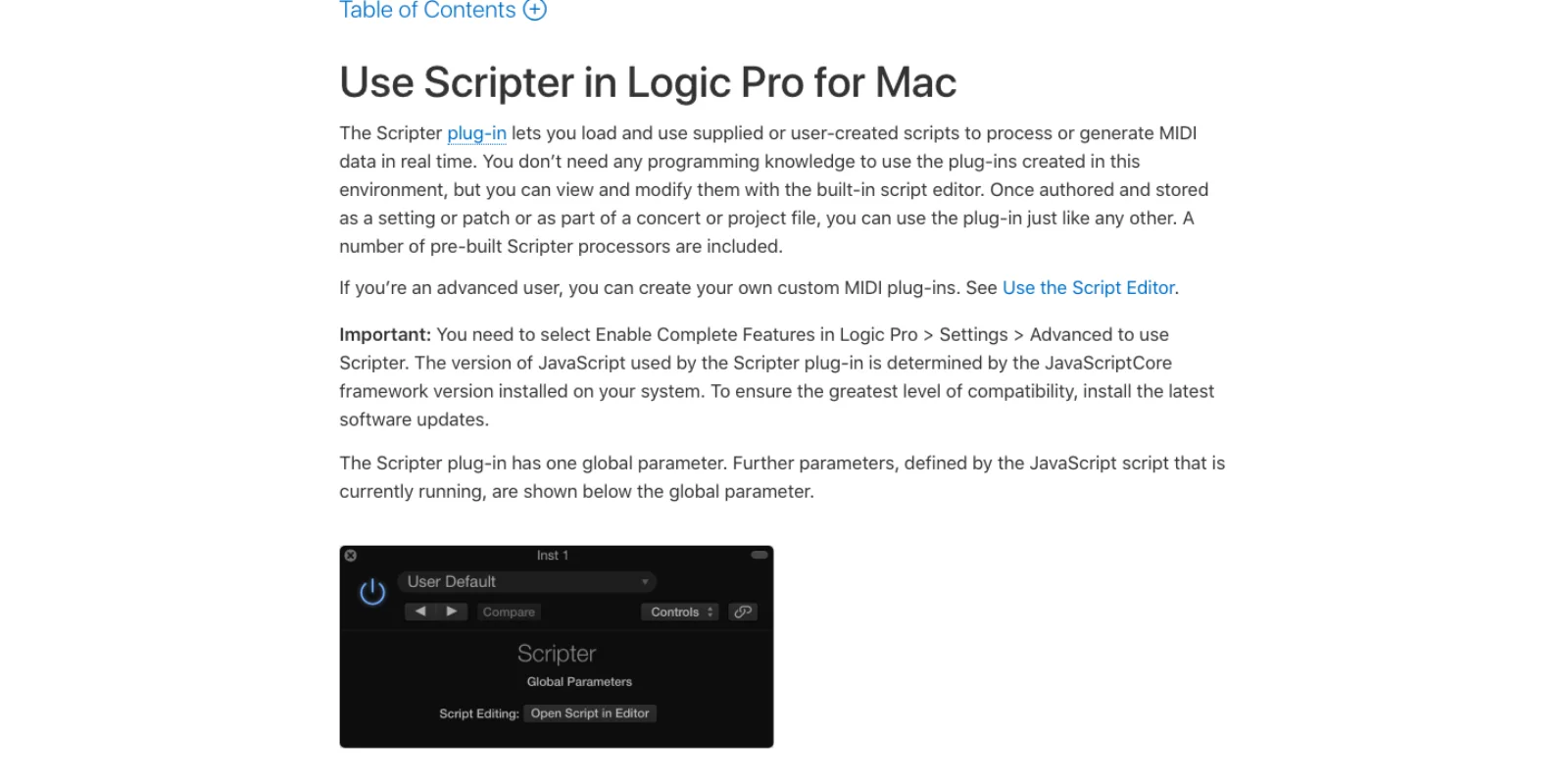 Apple's Use Scripter in Logic Pro for Mac page for Logic Pro 12.3, describing the plug-in as loading scripts to process or generate MIDI data in real time, the Enable Complete Features requirement, and a screenshot of the Scripter plug-in with an Open Script in Editor button.