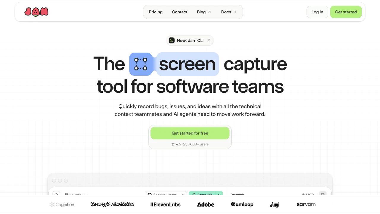 Jam product page describing a context screen capture tool for software teams