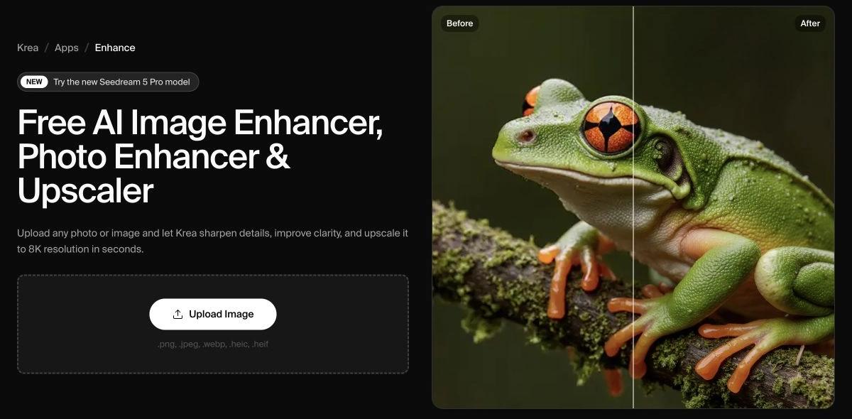 Krea image enhancer upload screen beside a vendor-provided before and after frog image