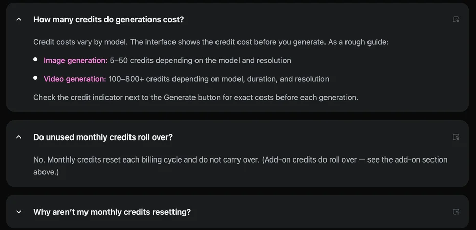 OpenArt help centre answer to How many credits do generations cost: credit costs vary by model, image generation 5 to 50 credits depending on the model and resolution, video generation 100 to 800 or more credits depending on model, duration and resolution. Below it, the answer to Do unused monthly credits roll over: No, add-on credits do.