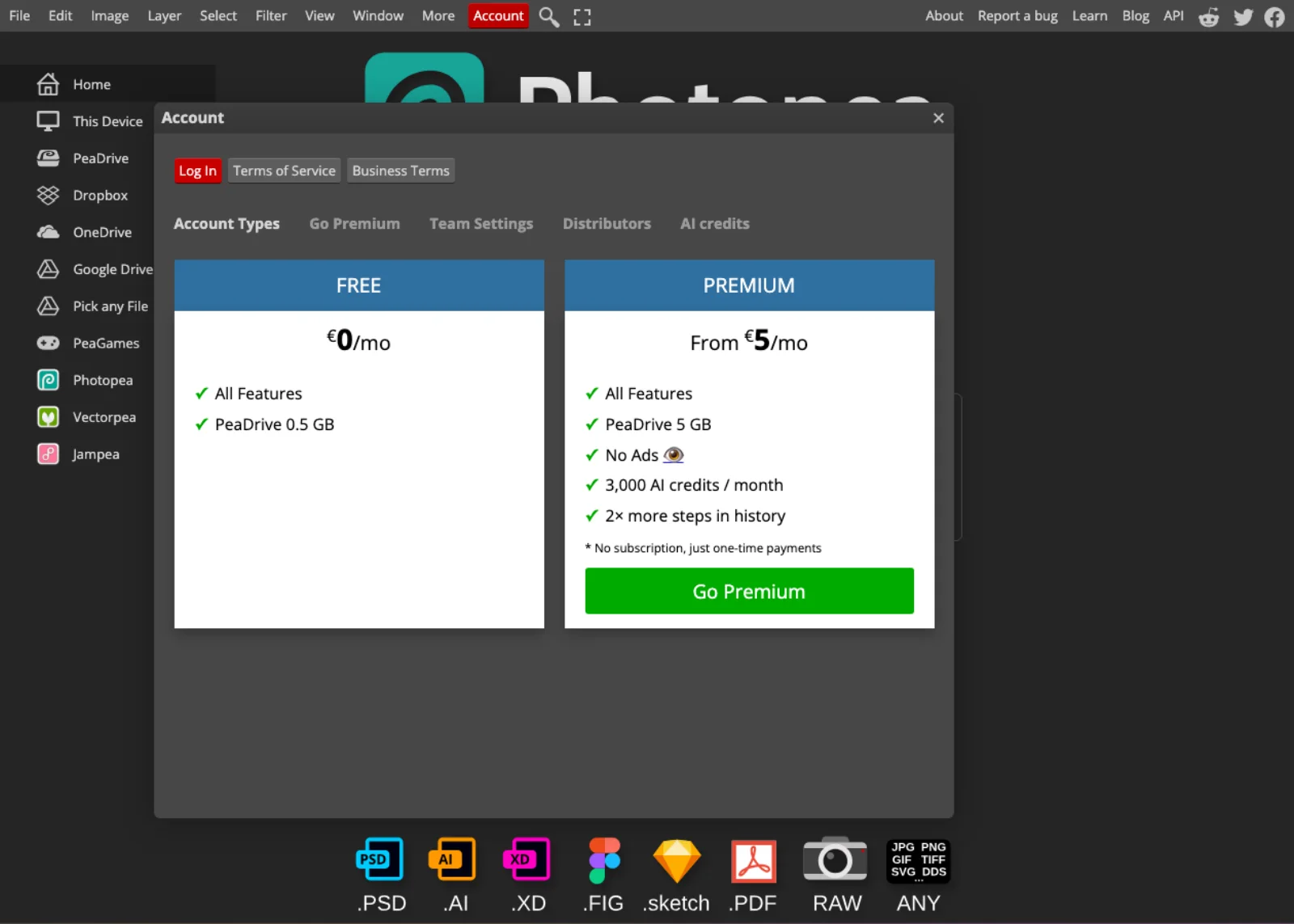 Photopea's Account panel on the Account Types tab, showing a Free column at 0 euros a month with All Features and PeaDrive 0.5 GB, and a Premium column from 5 euros a month with All Features, PeaDrive 5 GB, No Ads, 3,000 AI credits a month, 2 times more steps in history, a note reading No subscription, just one-time payments, and a Go Premium button.