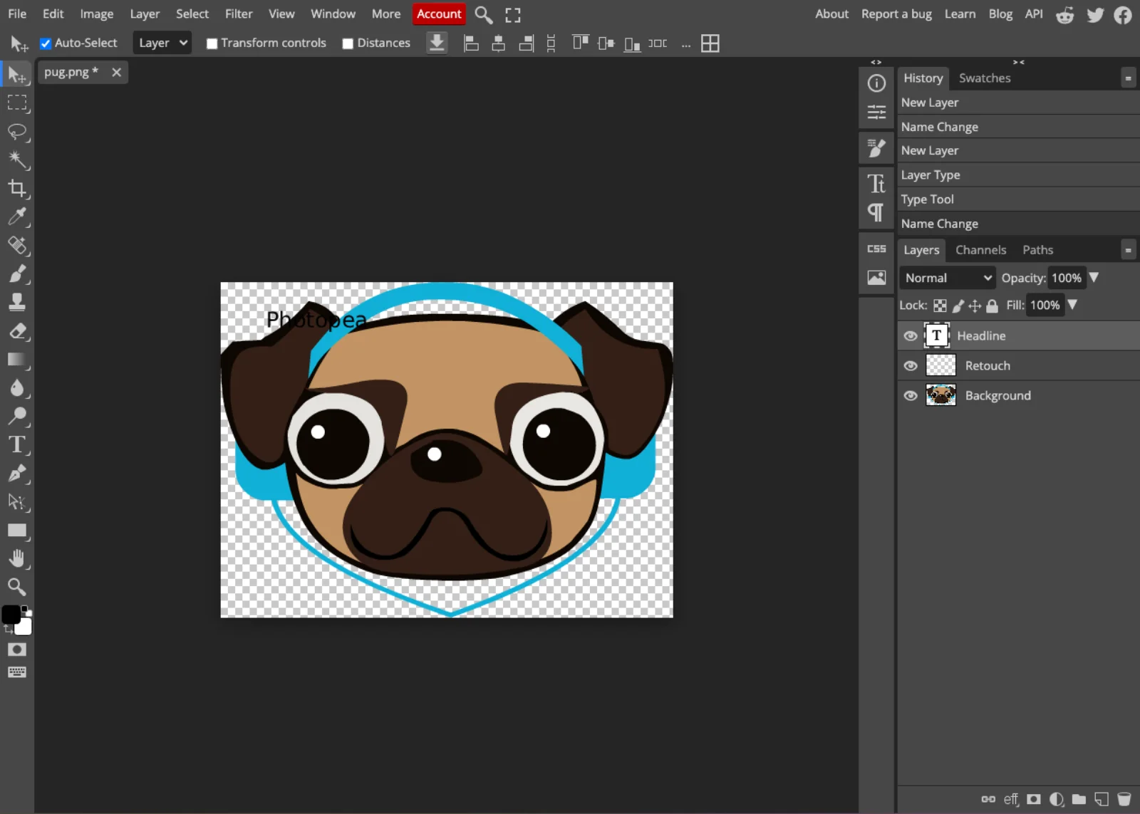 Photopea's editor with a cartoon pug image open, a Layers panel on the right showing a text layer named Headline, an empty layer named Retouch and a Background layer, a History panel listing New Layer, Name Change, Layer Type and Type Tool steps, and a toolbar on the left with move, marquee, lasso, wand, crop, healing, brush, clone, eraser, gradient, pen and type tools.