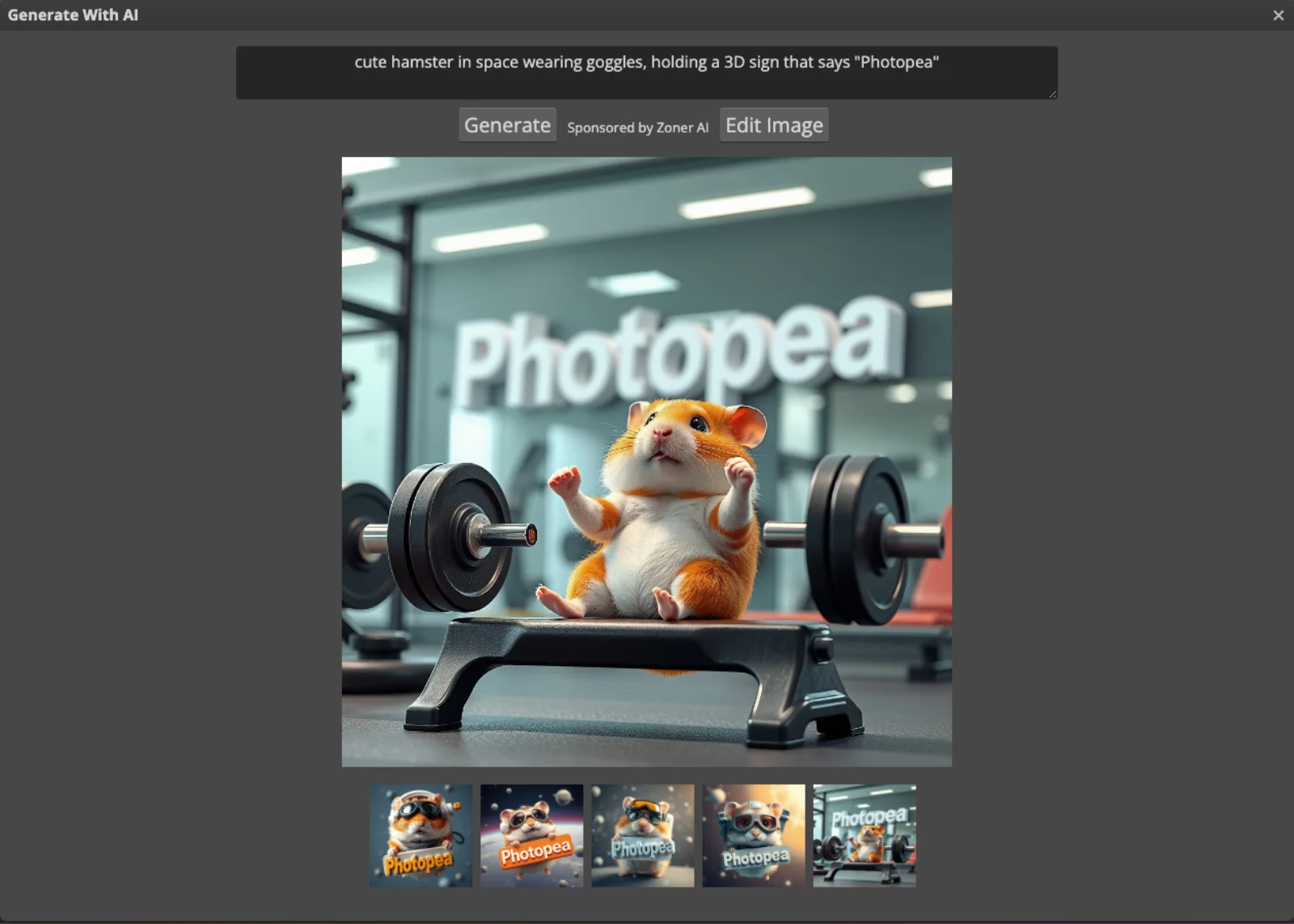 Photopea's Generate With AI dialog with a prompt reading cute hamster in space wearing goggles, holding a 3D sign that says Photopea, a Generate button labeled Sponsored by Zoner AI, an Edit Image button, a large sample image of a cartoon hamster at a weight bench in front of a Photopea sign, and five thumbnails of other sample outputs.