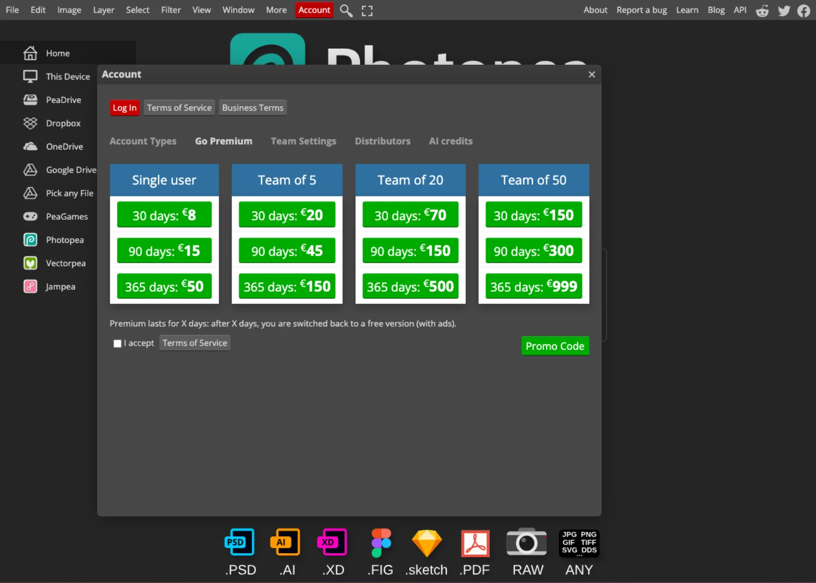 Photopea's Go Premium tab showing four columns, Single user, Team of 5, Team of 20 and Team of 50, with green buttons for 30 days at 8, 20, 70 and 150 euros, 90 days at 15, 45, 150 and 300 euros, and 365 days at 50, 150, 500 and 999 euros, and a line reading Premium lasts for X days: after X days, you are switched back to a free version (with ads).