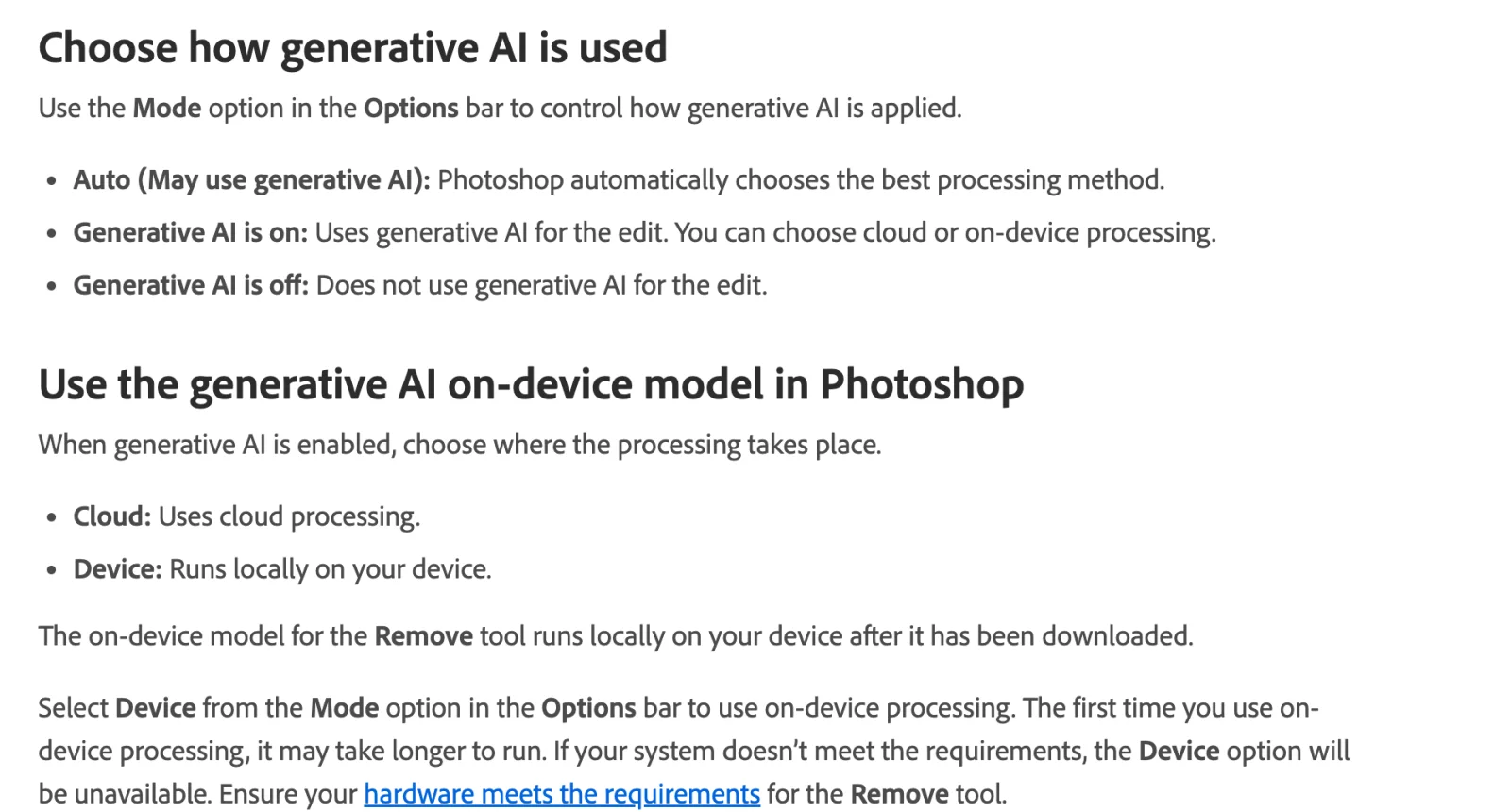 Adobe's Remove tool help page listing the Mode options Auto, Generative AI is on and Generative AI is off, and the Cloud and Device processing choices, with a note that the Device option is unavailable if the system does not meet the requirements.