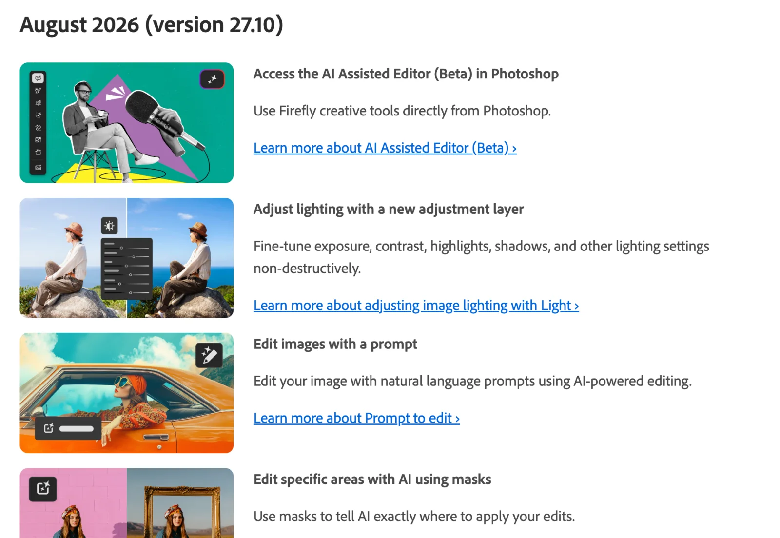 Adobe's What's new page for Photoshop on desktop, headed August 2026 (version 27.10), listing the AI Assisted Editor (Beta), a new Light adjustment layer, Prompt to edit, and editing specific areas with AI using masks.