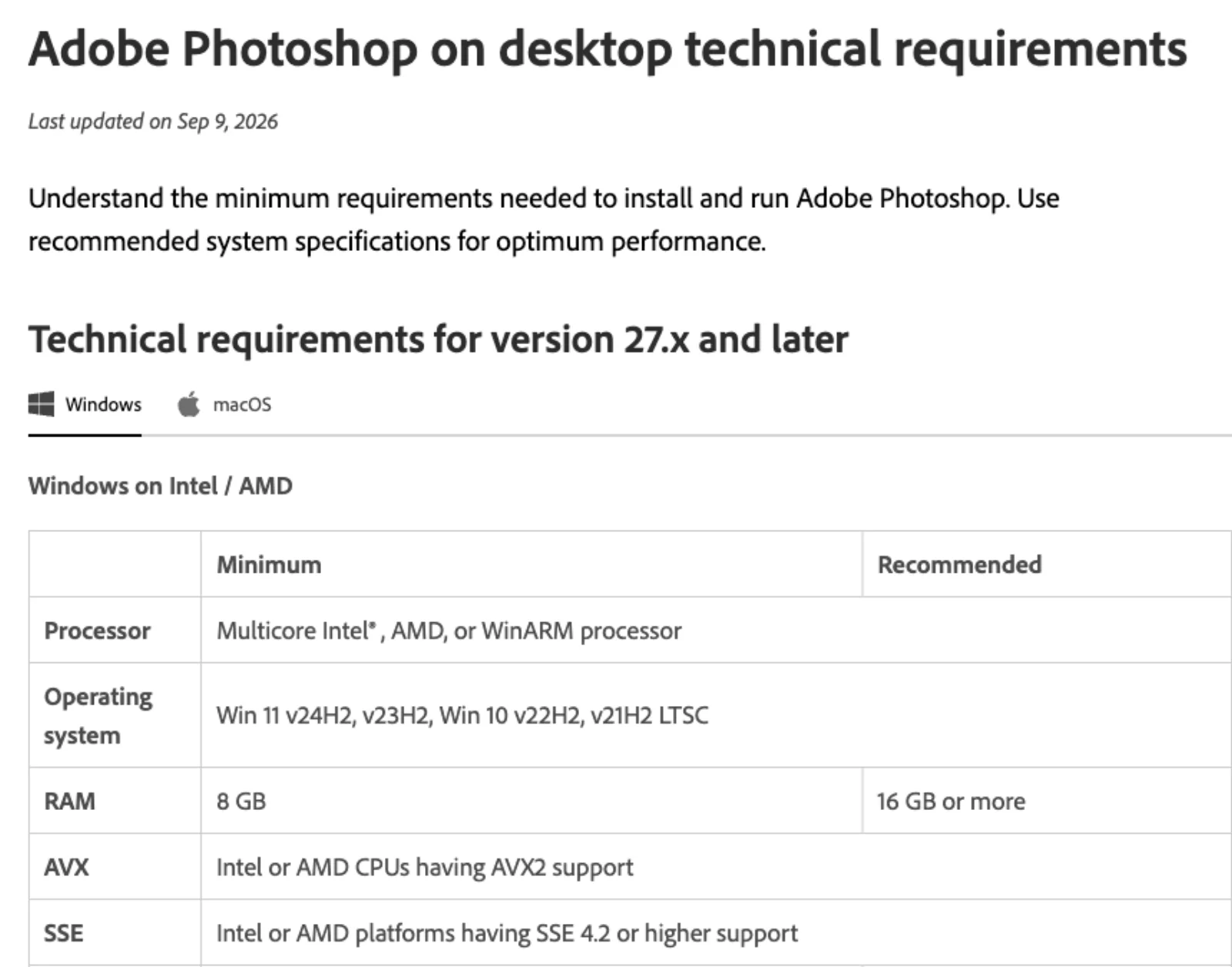 Adobe's Photoshop on desktop technical requirements page, last updated 9 September 2026, with a Windows tab and a macOS tab under the heading Technical requirements for version 27.x and later, and a Windows on Intel / AMD table listing Win 11 v24H2, v23H2, Win 10 v22H2, v21H2 LTSC as the operating system and 8 GB of RAM minimum.