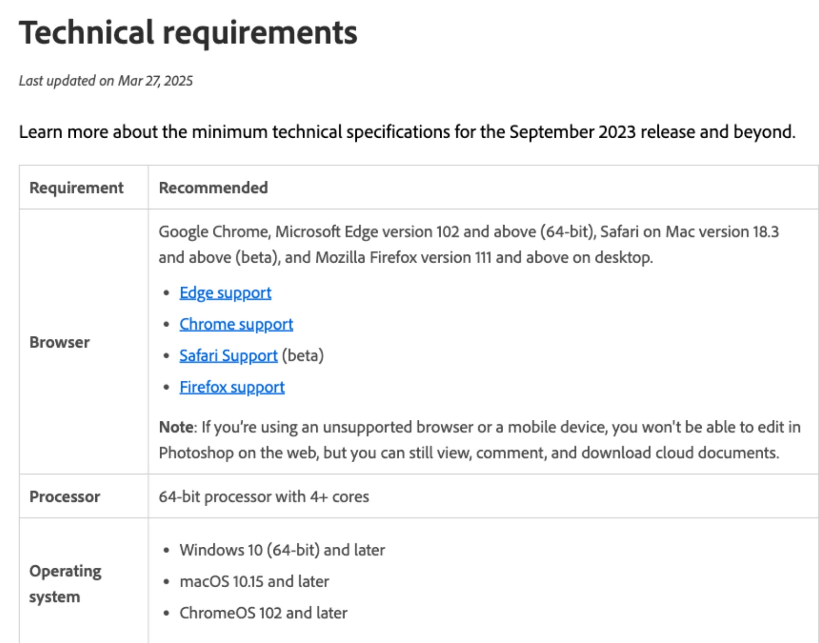 Adobe's technical requirements page for Photoshop on the web, last updated 27 March 2025, listing Google Chrome, Microsoft Edge 102 and above, Safari 18.3 and above in beta, and Firefox 111 and above as browsers, a 64-bit processor with 4 or more cores, and Windows 10, macOS 10.15 and ChromeOS 102 as operating systems.