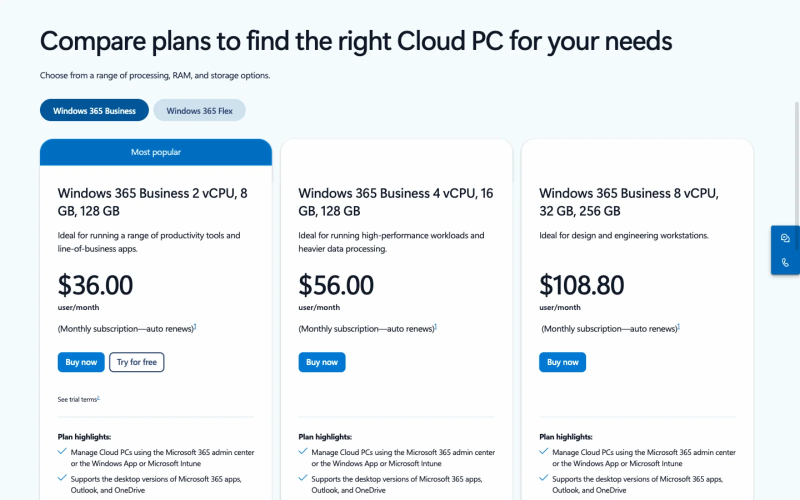 Microsoft's Windows 365 Business plan comparison showing three Cloud PC sizes: 2 vCPU, 8 GB, 128 GB at 36 dollars a user a month; 4 vCPU, 16 GB, 128 GB at 56 dollars; and 8 vCPU, 32 GB, 256 GB at 108.80 dollars, each a monthly auto-renewing subscription with Buy now buttons and a Try for free button on the smallest.