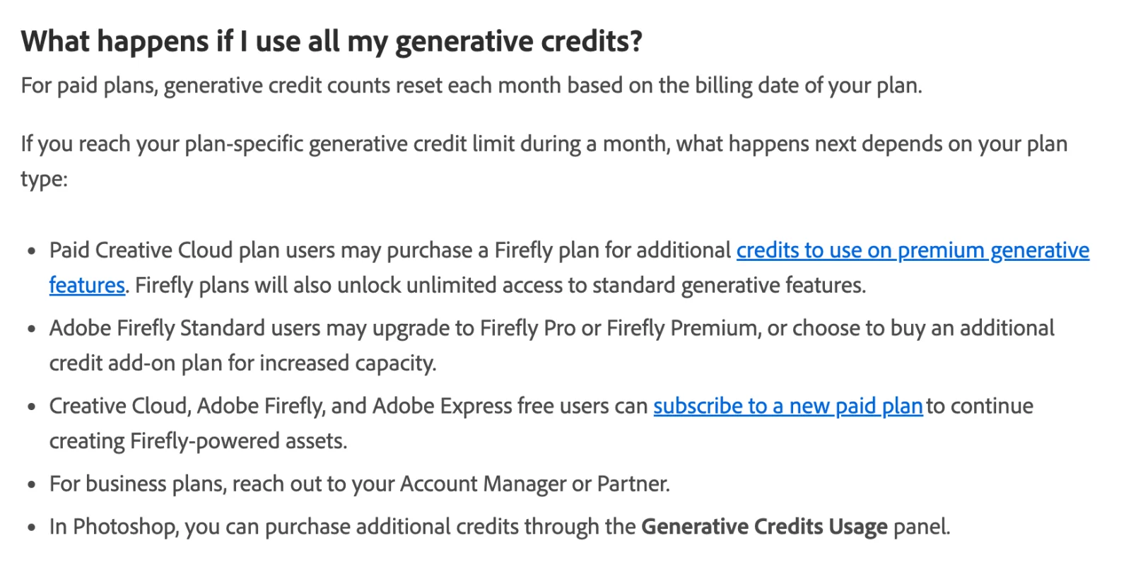 Adobe's help page section headed What happens if I use all my generative credits, stating that credit counts reset each month on the billing date and listing options by plan type: paid Creative Cloud users may purchase a Firefly plan, Firefly Standard users may upgrade or buy a credit add-on, free users can subscribe to a paid plan, business plans should contact their account manager, and in Photoshop additional credits can be purchased through the Generative Credits Usage panel.